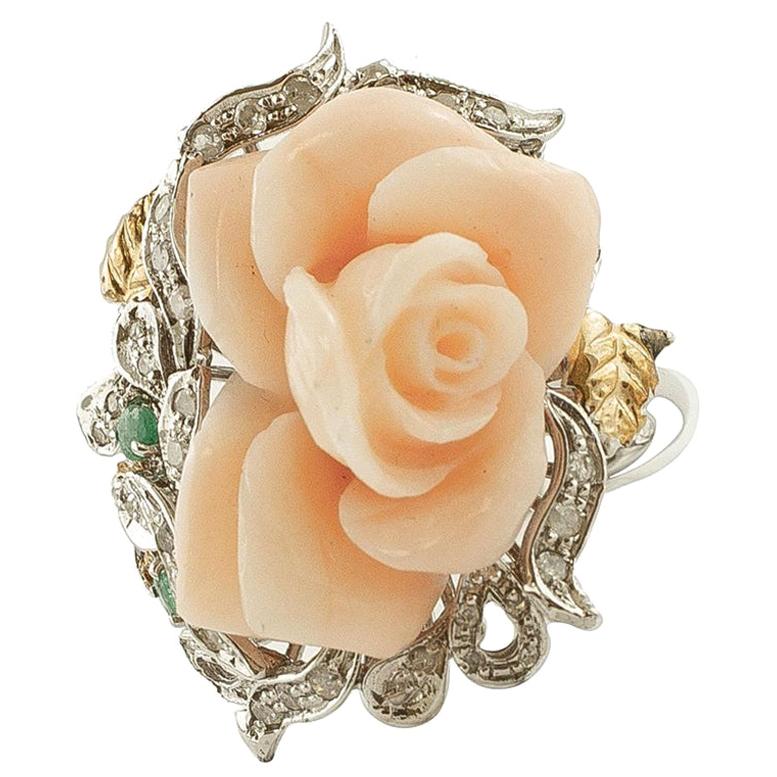Coral Rose, Sapphires, Emeralds, Diamonds, 14 Karat White Gold Retro Ring