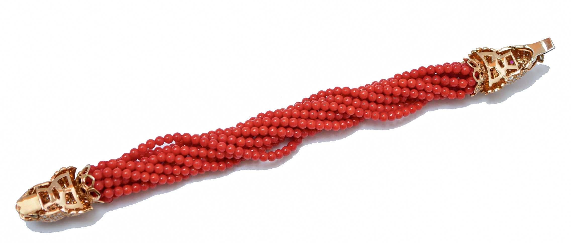 Koralle, Rubine, Diamanten, 14 Karat Roségold-Armband. (Retro)