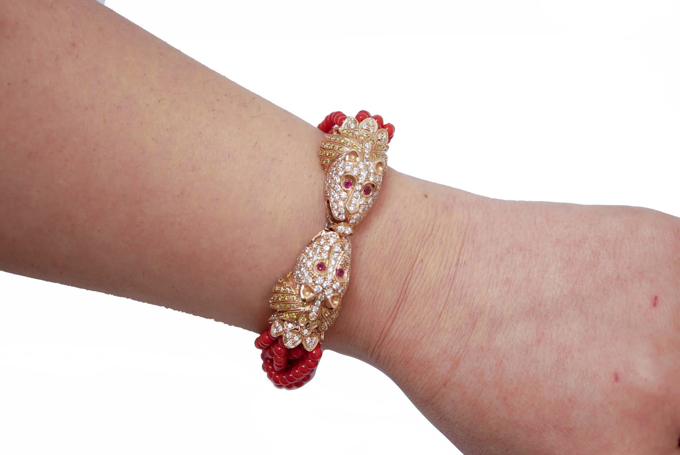 Koralle, Rubine, Diamanten, 14 Karat Roségold-Armband. (Gemischter Schliff)