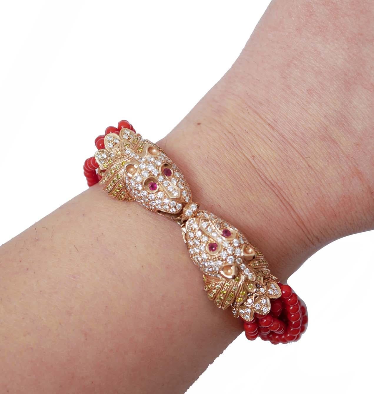 Koralle, Rubine, Diamanten, 14 Karat Roségold-Armband. im Zustand „Gut“ in Marcianise, Marcianise (CE)