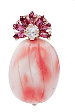Coral, Rubies, Diamonds, 14 Karat Rose Gold Earrings