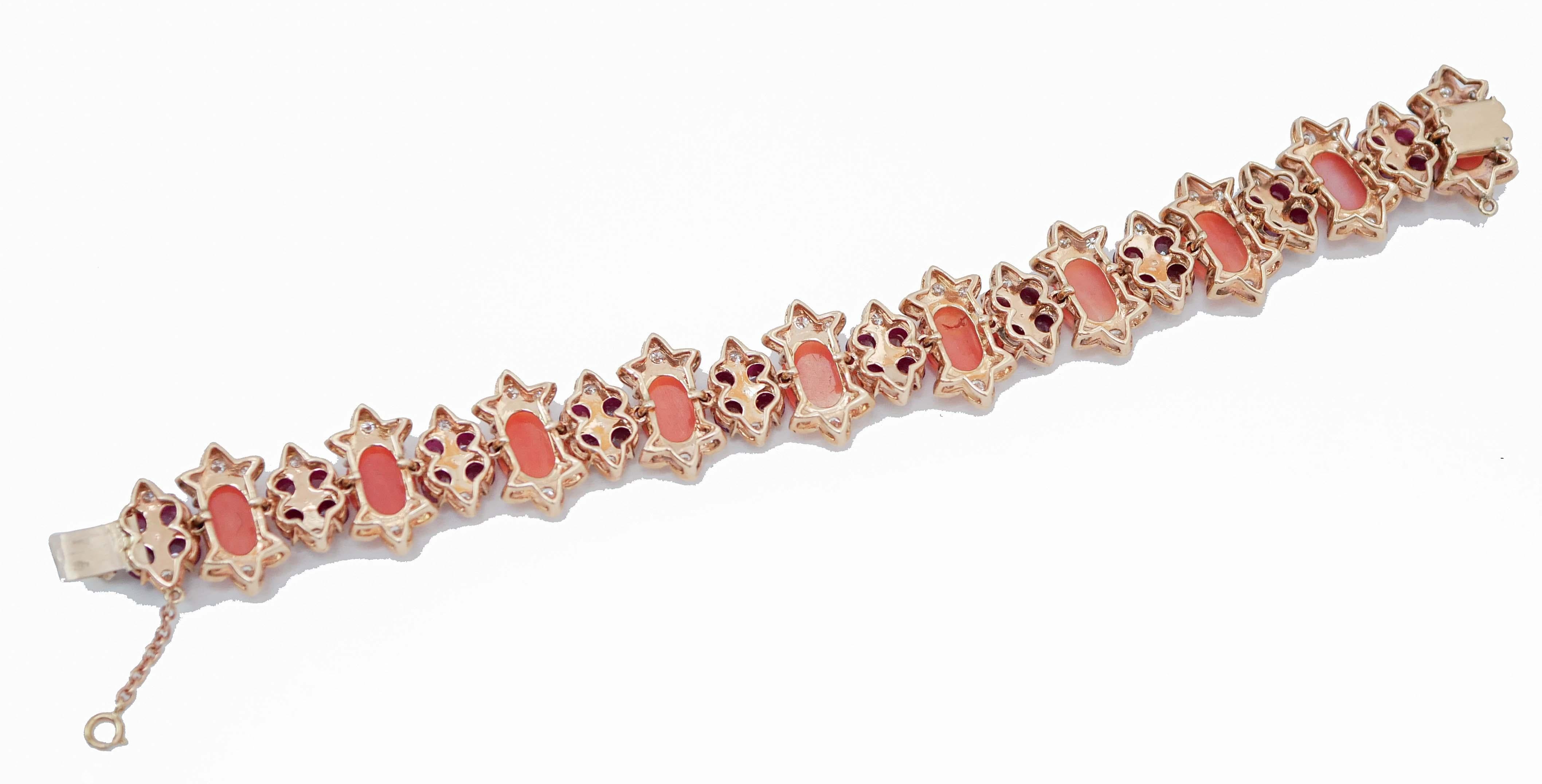 Retro Coral, Rubies, Diamonds, 14 Karat Rose Gold Retrò Bracelet. For Sale