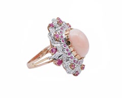 Bague en or rose 14 carats, corail, rubis et diamants