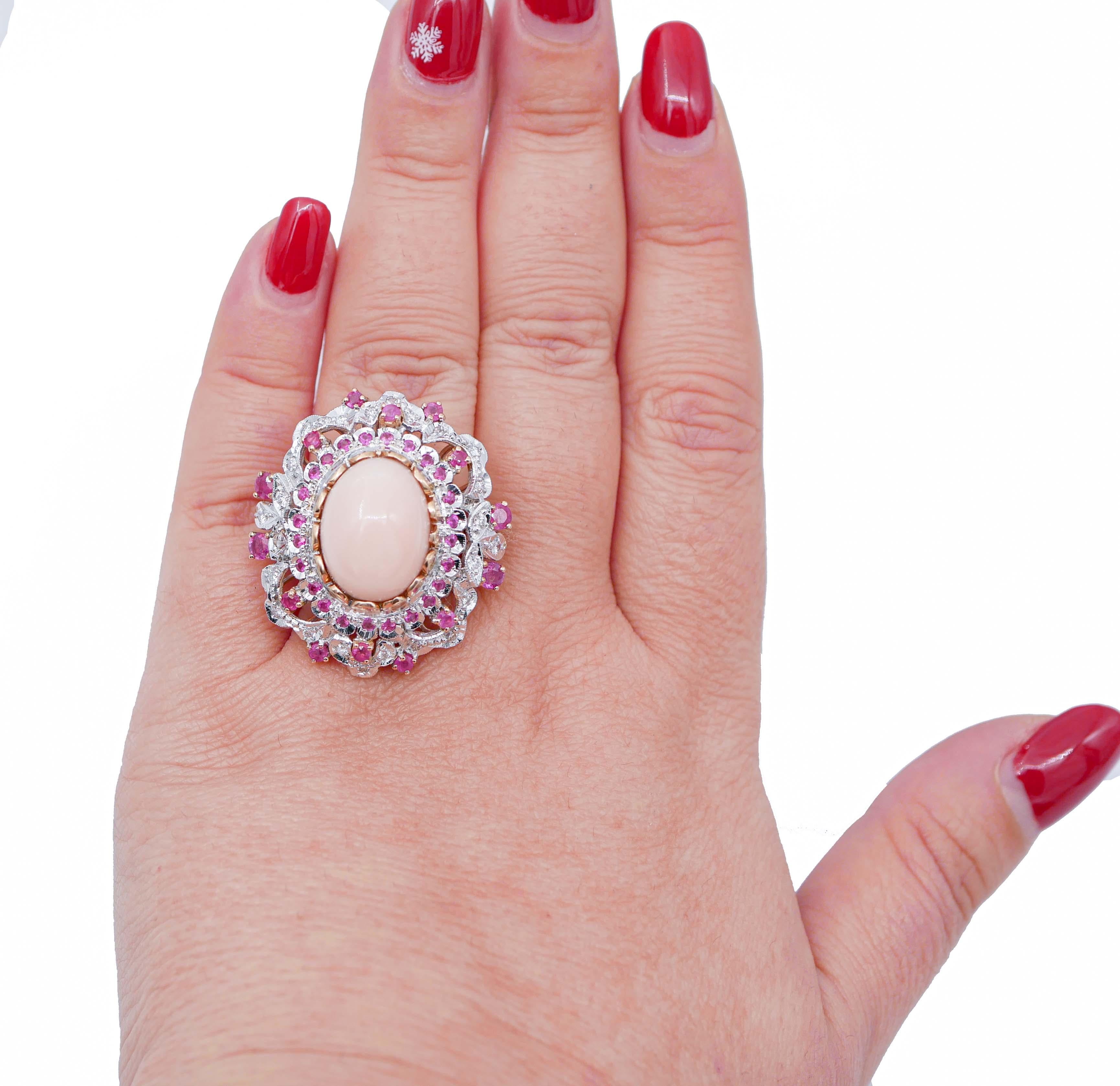 Mixed Cut Coral, Rubies, Diamonds, 14 Karat Rose Gold Ring For Sale