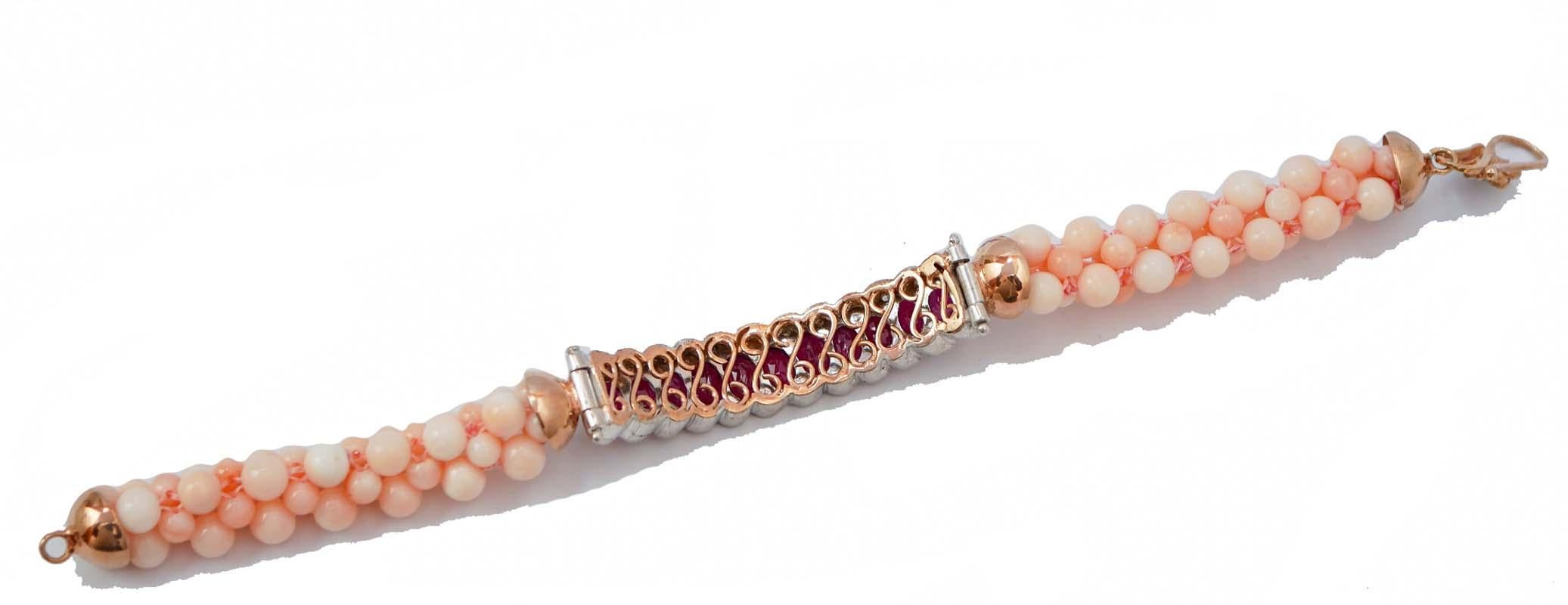 Retro Coral, Rubies, Diamonds, Rose Gold and Silver Bracelet. For Sale