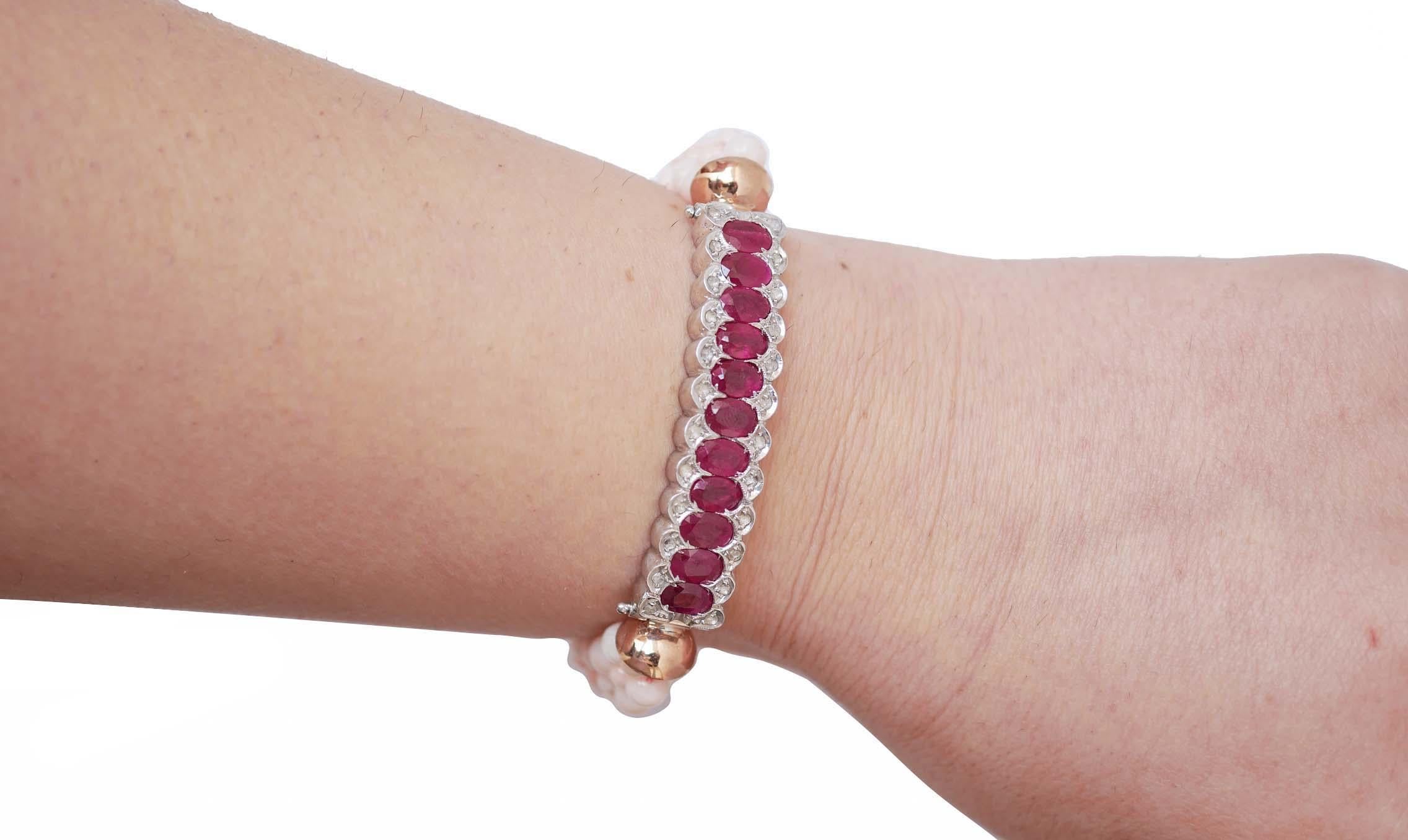 Mixed Cut Coral, Rubies, Diamonds, Rose Gold and Silver Bracelet. For Sale