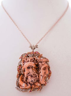 Coral, Rubies, Diamonds, Rose Gold and Silver Brooch/Pendant.