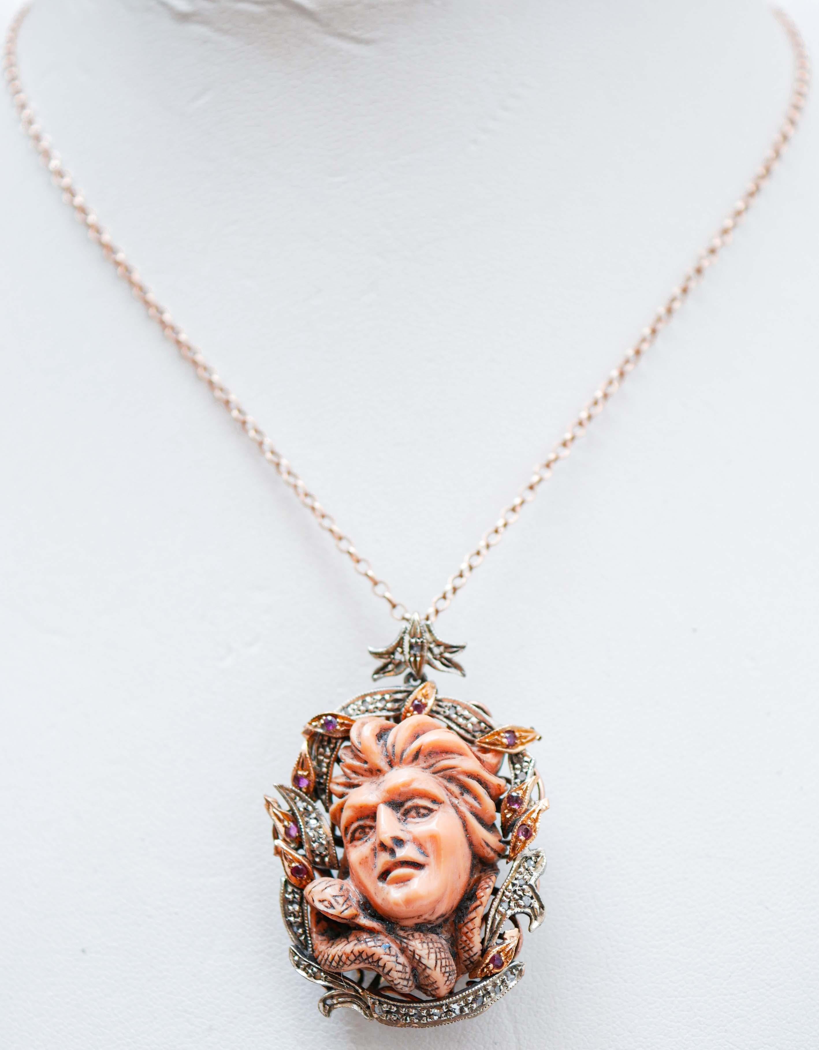 SHIPPING POLICY: 
No additional costs will be added to this order. 
Shipping costs will be totally covered by the seller (customs duties included).

Brooch/Pendant in 9 kt rose gold and silver structure mounted with a carved coral surrounded by