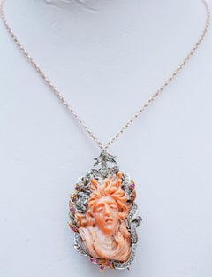 Coral, Rubies, Diamonds, Rose Gold and Silver Brooch/Pendant.