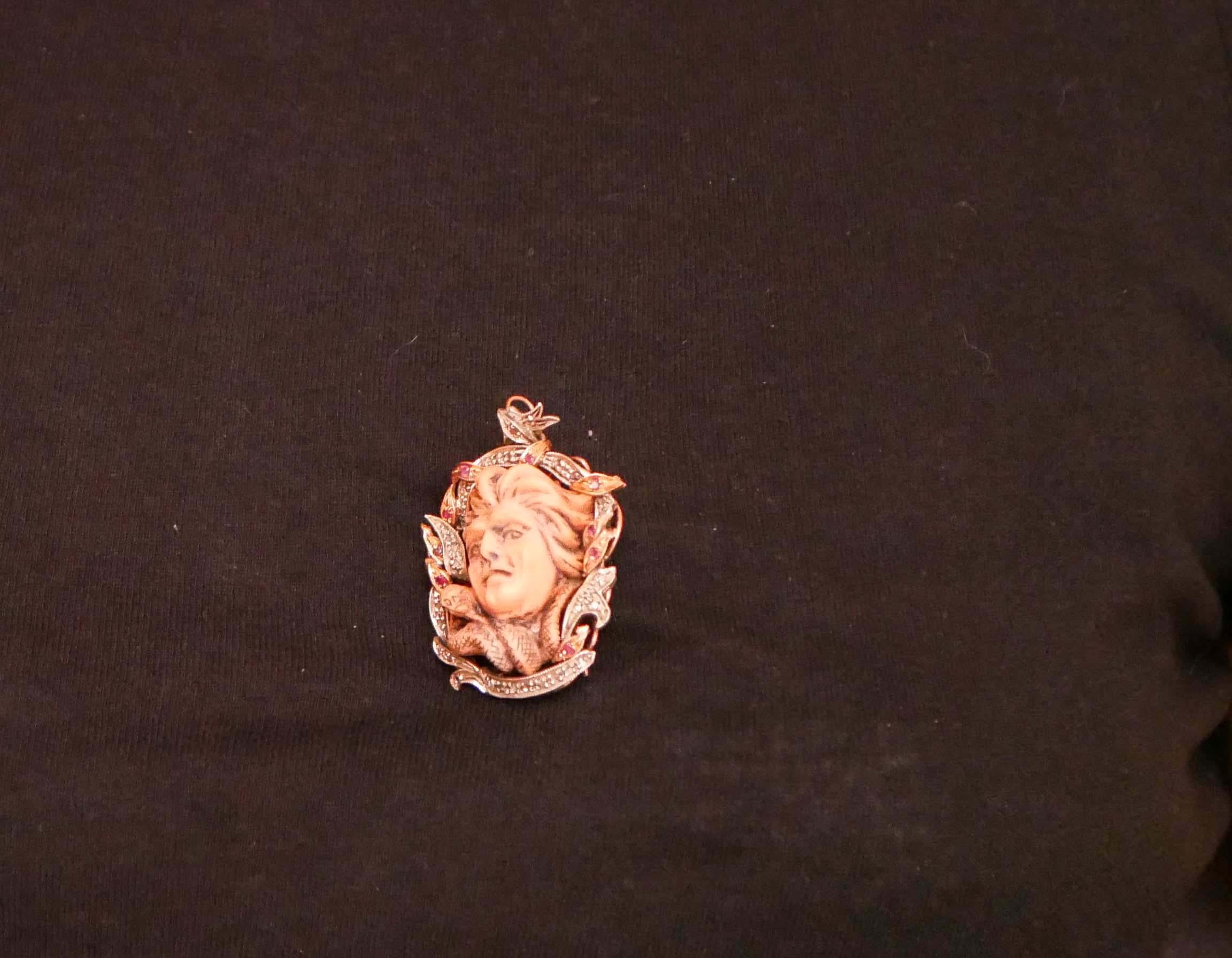 Coral, Rubies, Diamonds, Rose Gold and Silver Brooch/Pendant. 2