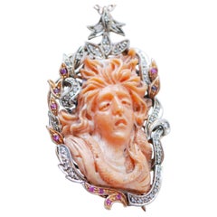 Coral, Rubies, Diamonds, Rose Gold and Silver Brooch/Pendant.