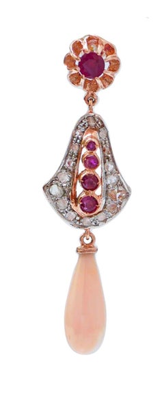 Coral, Rubies, Diamonds, Rose Gold and Silver Earrings.