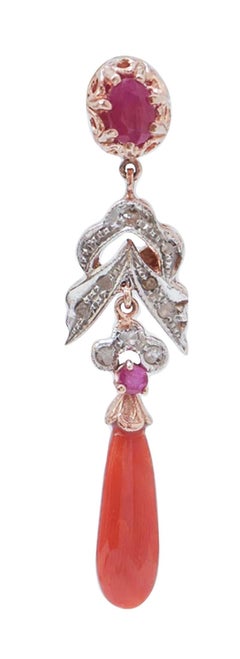 Coral, Rubies, Diamonds, Rose Gold and Silver Earrings.