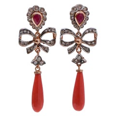 Coral, Rubies, Diamonds, Rose Gold and Silver Earrings.