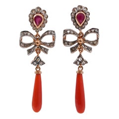 Coral, Rubies, Diamonds, Rose Gold and Silver Earrings.