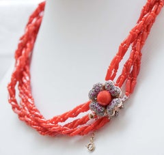 Coral, Rubies, Diamonds, Rose Gold and Silver Necklace.