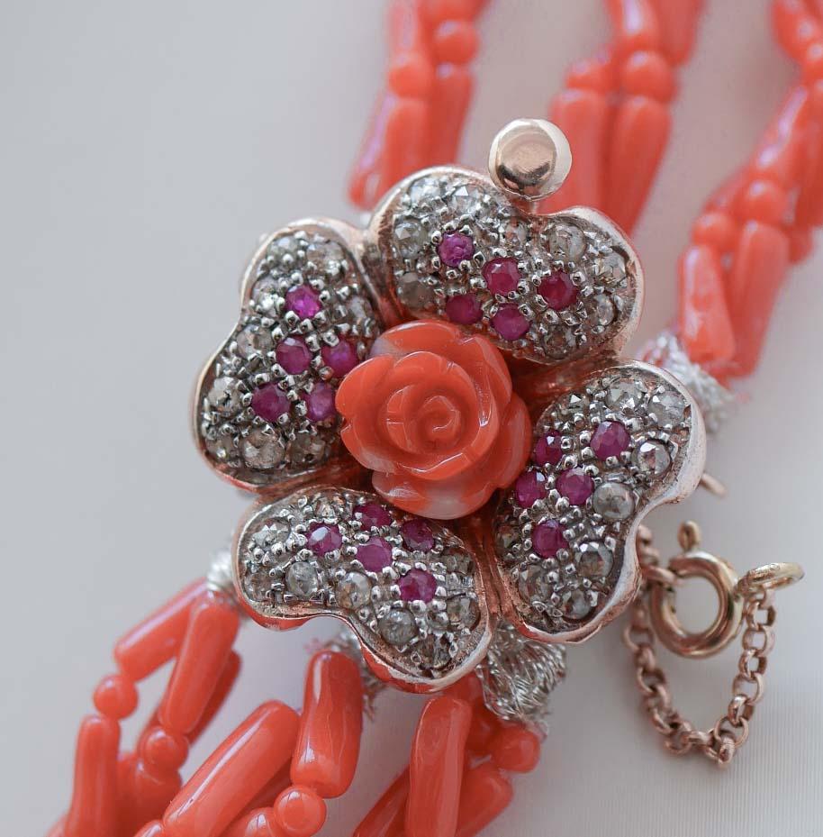 Retro Coral, Rubies, Diamonds, Rose Gold and Silver Necklace. For Sale