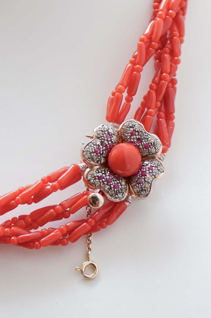 Retro Coral, Rubies, Diamonds, Rose Gold and Silver Necklace. For Sale