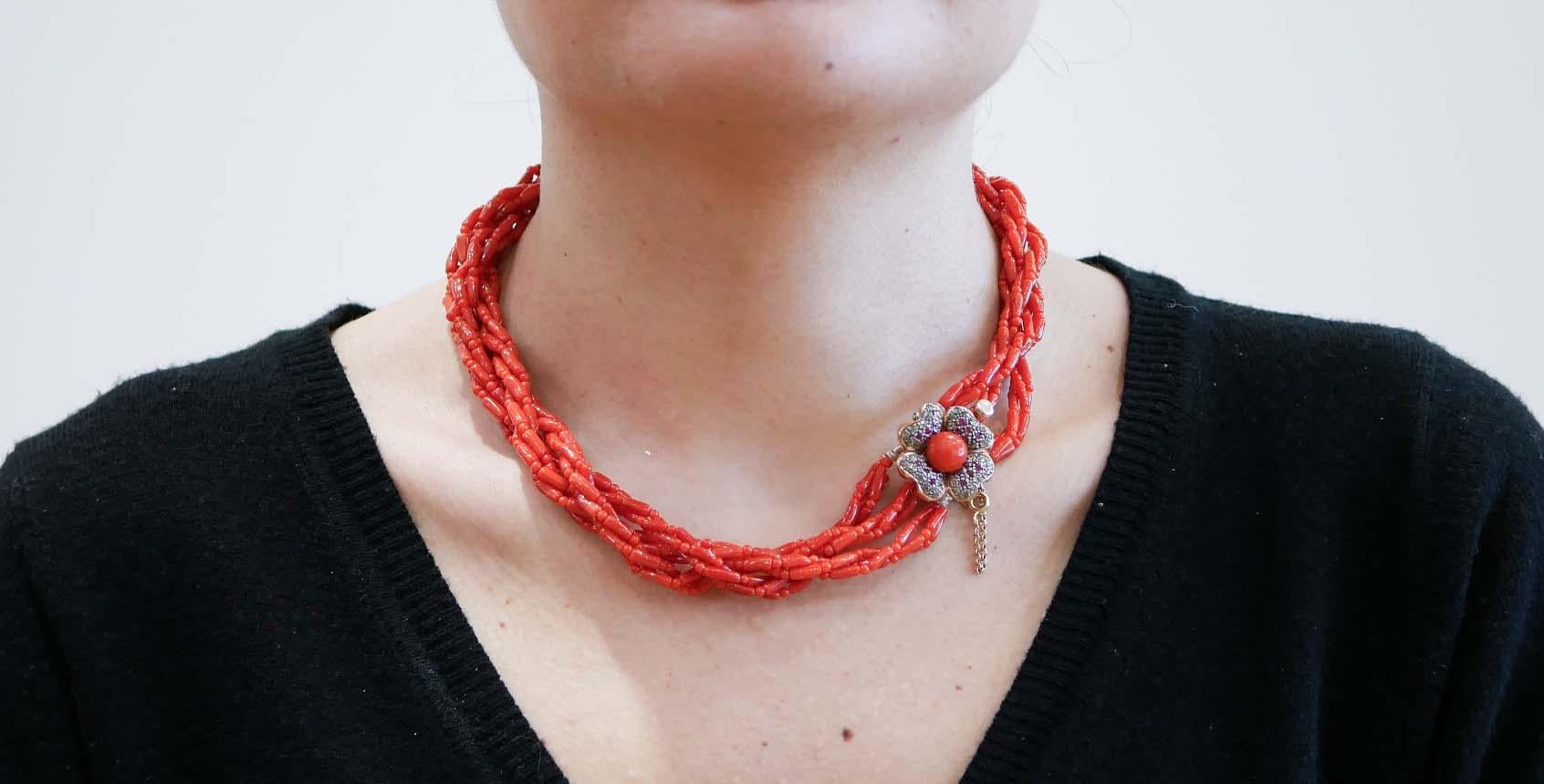 Mixed Cut Coral, Rubies, Diamonds, Rose Gold and Silver Necklace. For Sale