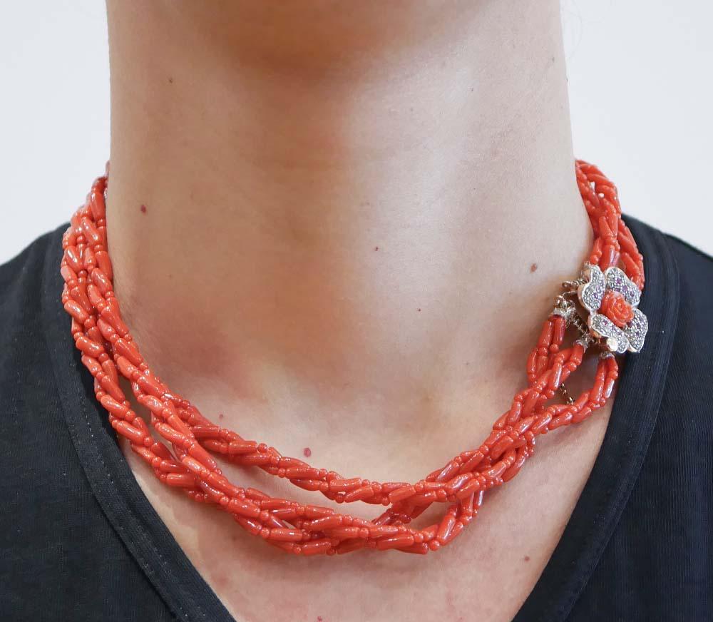 Coral, Rubies, Diamonds, Rose Gold and Silver Necklace. In New Condition For Sale In Marcianise, Marcianise (CE)