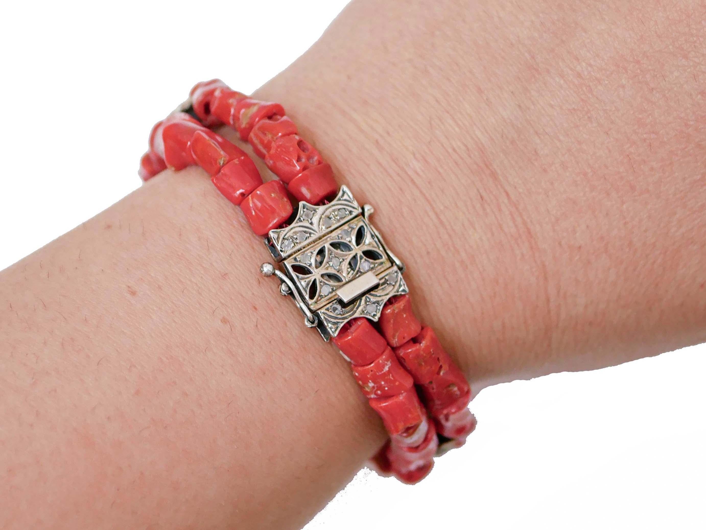 Coral, Rubies, Diamonds, Rose Gold and Silver Retrò Bracelet In New Condition For Sale In Marcianise, Marcianise (CE)