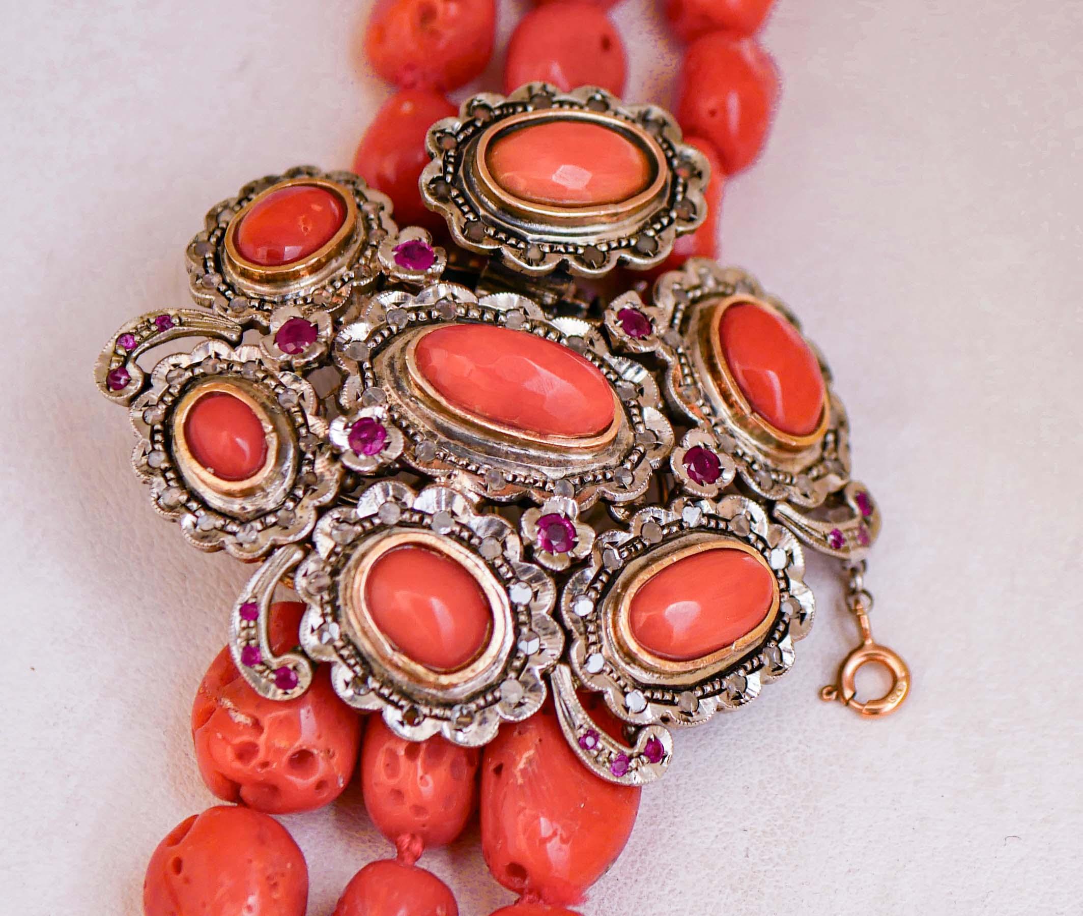 Retro Coral, Rubies, Diamonds, Rose Gold and Silver Retrò Necklace. For Sale
