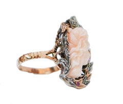 Coral, Rubies, Diamonds, Rose Gold and Silver Ring.
