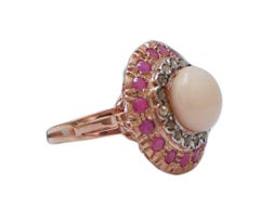 Coral, Rubies, Diamonds, Rose Gold and Silver Ring.