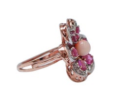 Coral, Rubies, Diamonds, Rose Gold and Silver Ring.