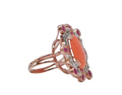 Coral, Rubies, Diamonds, Rose Gold and Silver Ring.