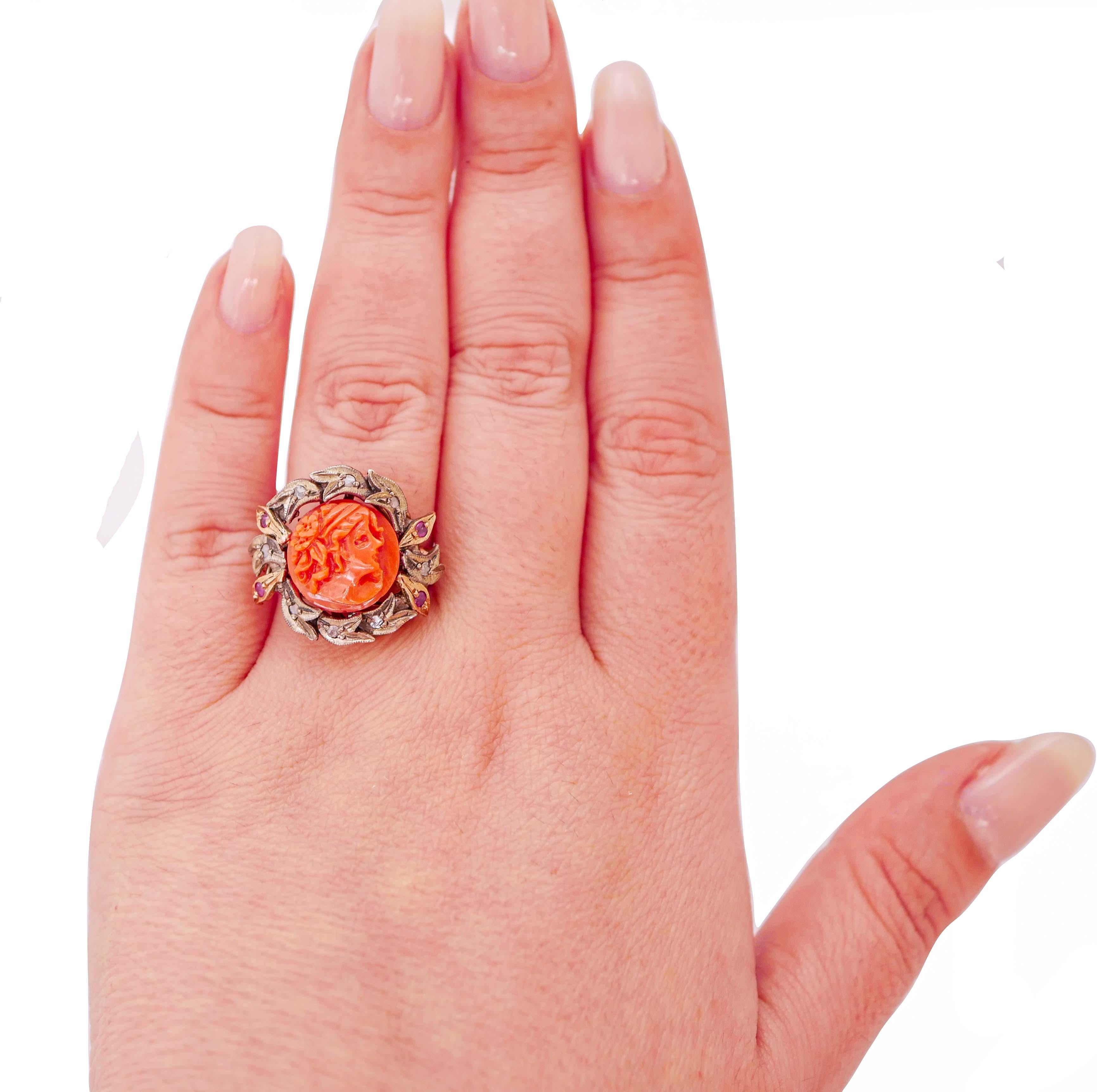 Retro Coral, Rubies, Diamonds, Rose Gold and Silver Ring. For Sale