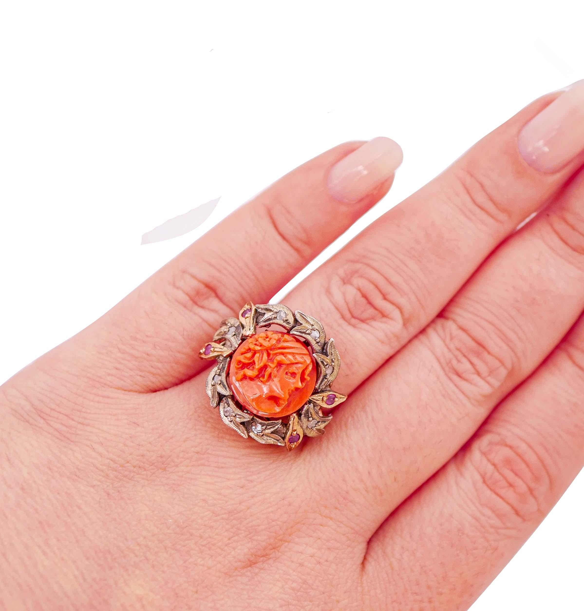 Mixed Cut Coral, Rubies, Diamonds, Rose Gold and Silver Ring. For Sale