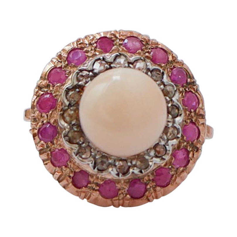 Coral, Rubies, Diamonds, Rose Gold and Silver Ring. For Sale