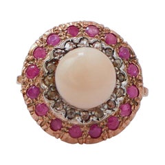 Coral, Rubies, Diamonds, Rose Gold and Silver Ring.