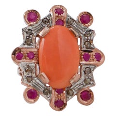 Coral, Rubies, Diamonds, Rose Gold and Silver Ring.
