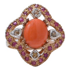 Coral, Rubies, Diamonds, Rose Gold and Silver Ring.