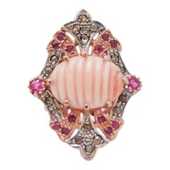 Coral, Rubies, Diamonds, Rose Gold and Silver Ring.