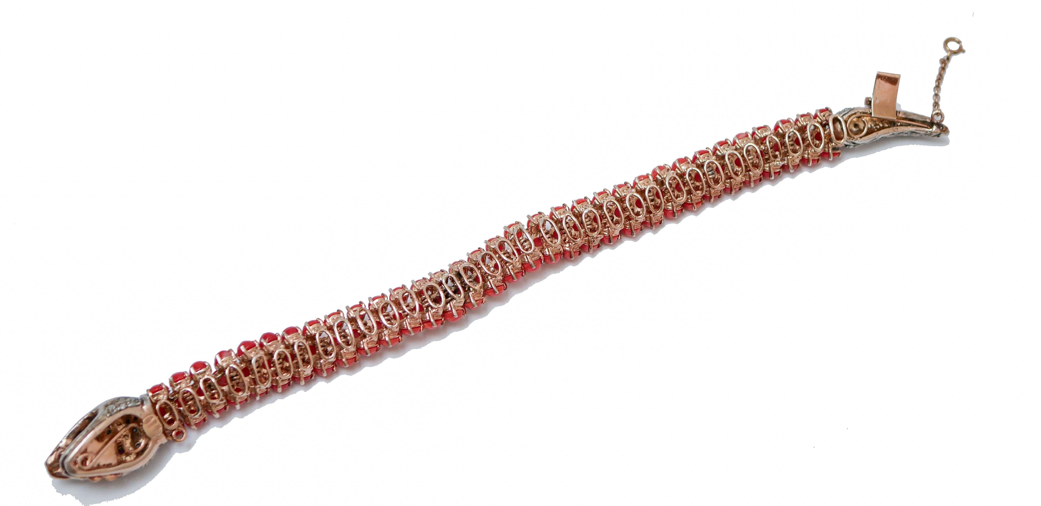 Retro Coral, Rubies, Diamonds, Rose Gold and Silver Snake Bracelet. For Sale