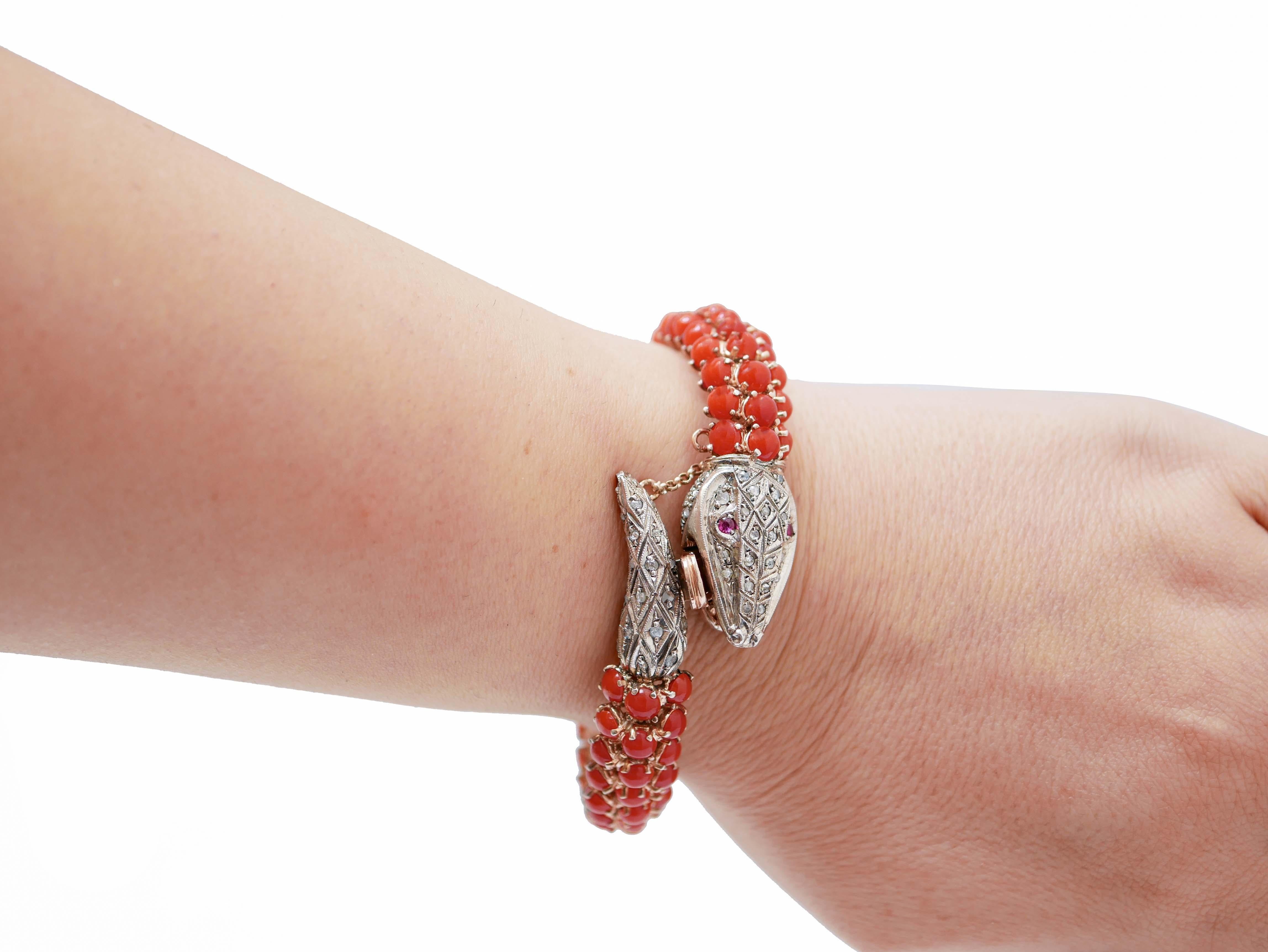Mixed Cut Coral, Rubies, Diamonds, Rose Gold and Silver Snake Bracelet. For Sale