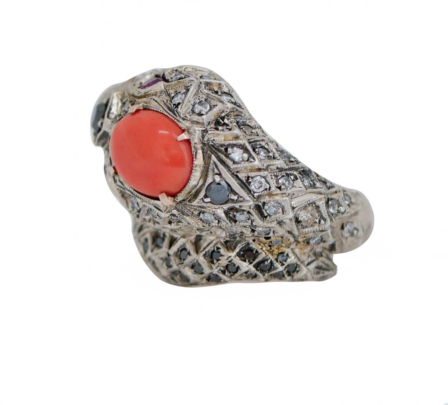 Retro Coral, Rubies, Diamonds, Rose Gold and Silver Snake Ring. For Sale