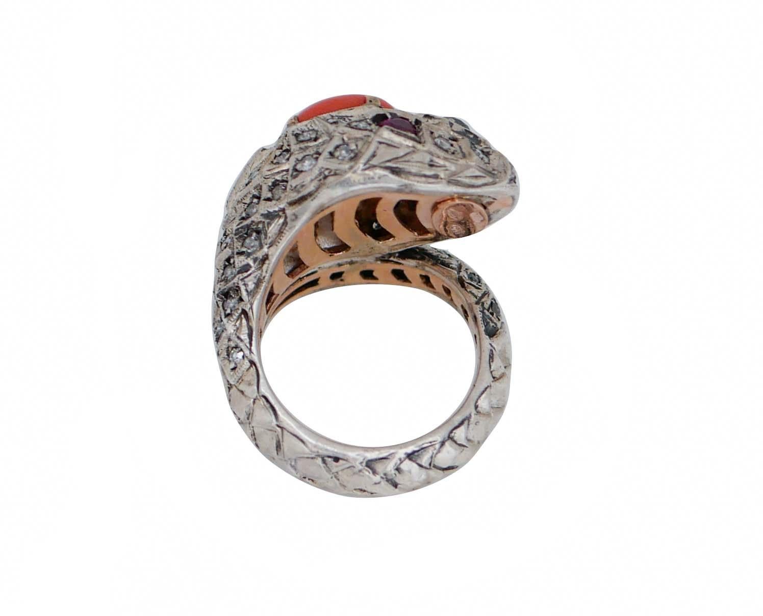 Mixed Cut Coral, Rubies, Diamonds, Rose Gold and Silver Snake Ring. For Sale