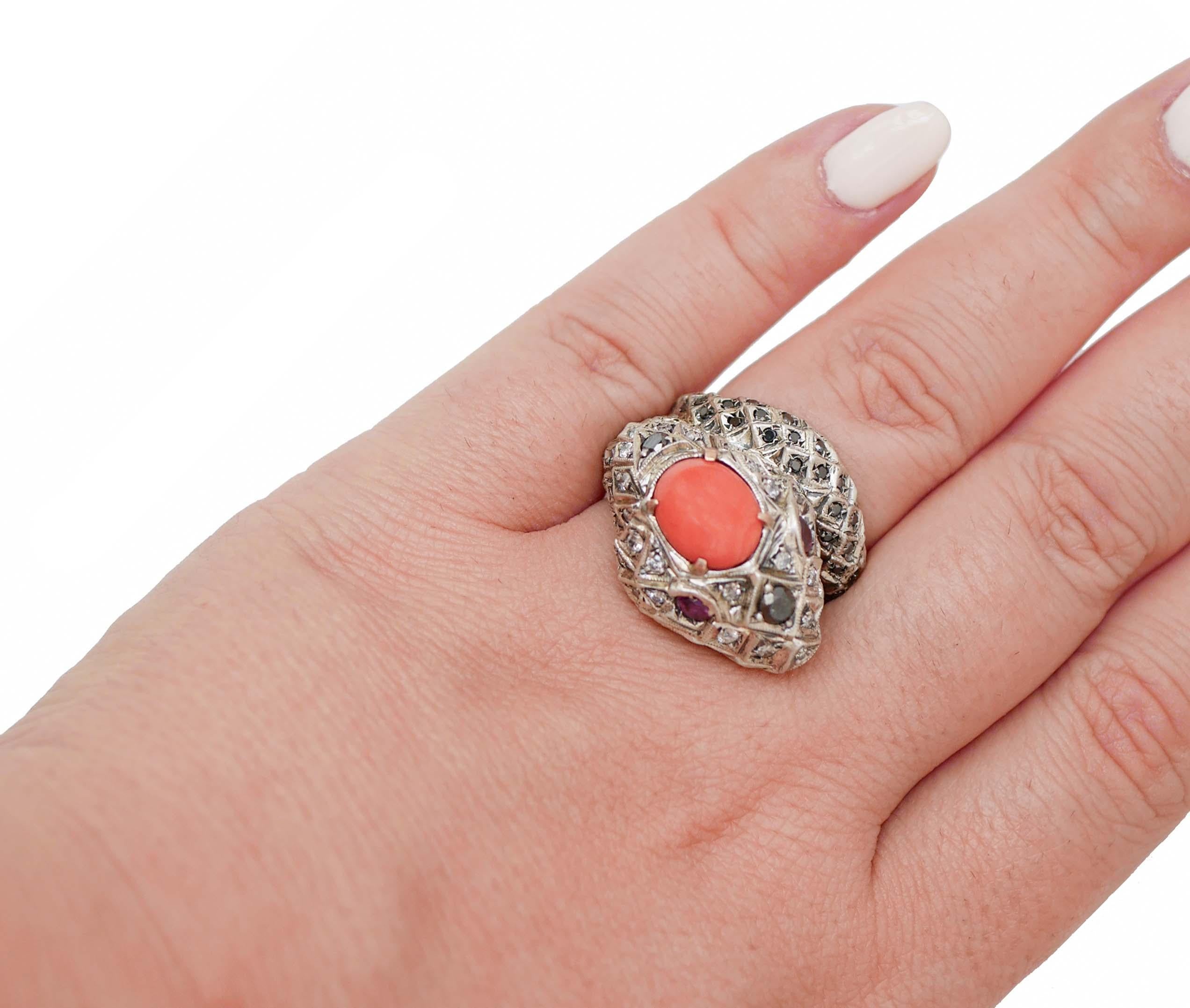 Women's Coral, Rubies, Diamonds, Rose Gold and Silver Snake Ring. For Sale