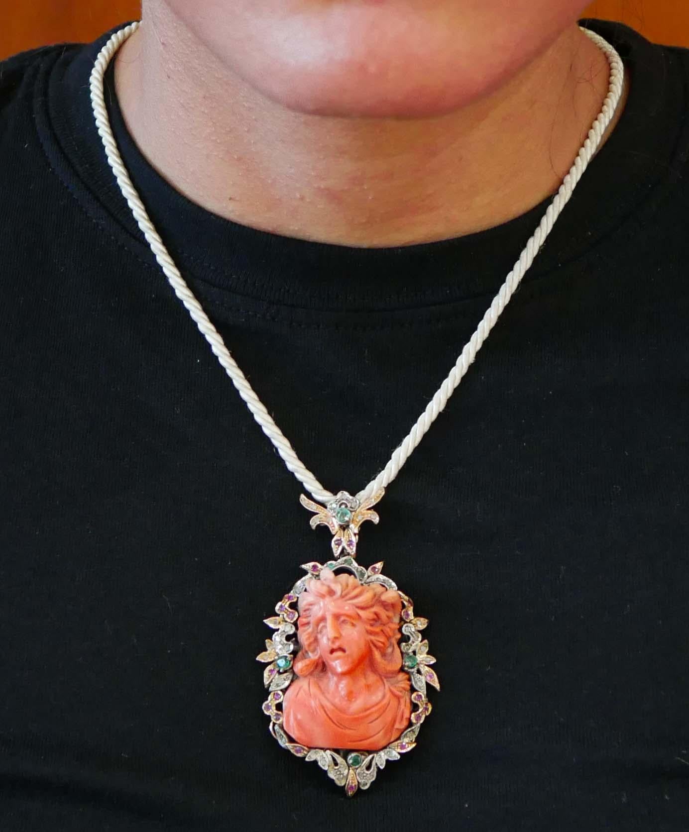 Women's Coral, Rubies, Emeralds, Diamonds, Rose Gold and Silver Retrò Brooch.
