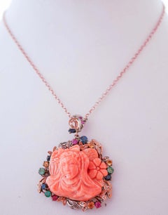 Coral, Rubies, Emeralds, Sapphires, Diamonds, Gold and Silver Pendant Necklace.