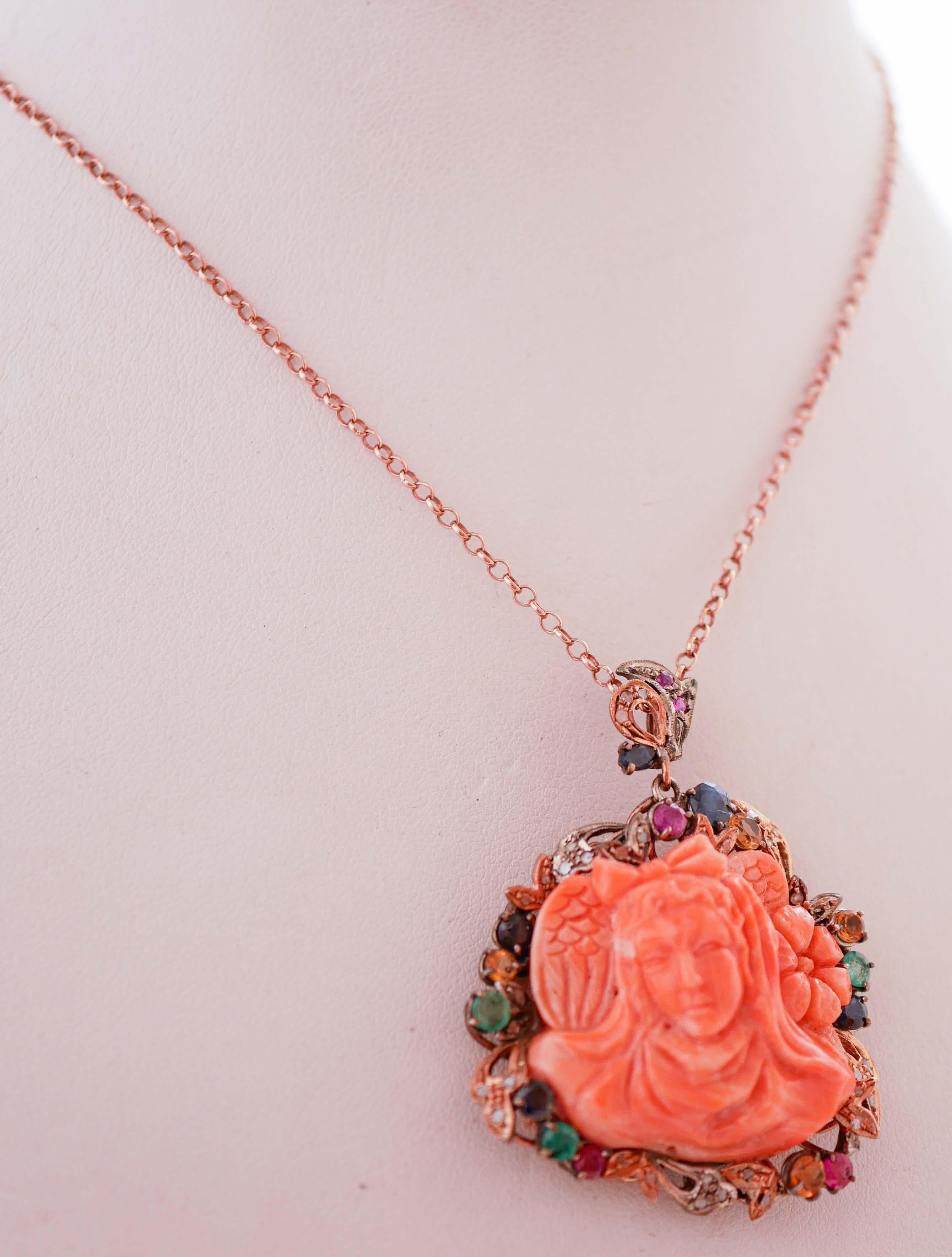 Retro Coral, Rubies, Emeralds, Sapphires, Diamonds, Gold and Silver Pendant Necklace. For Sale