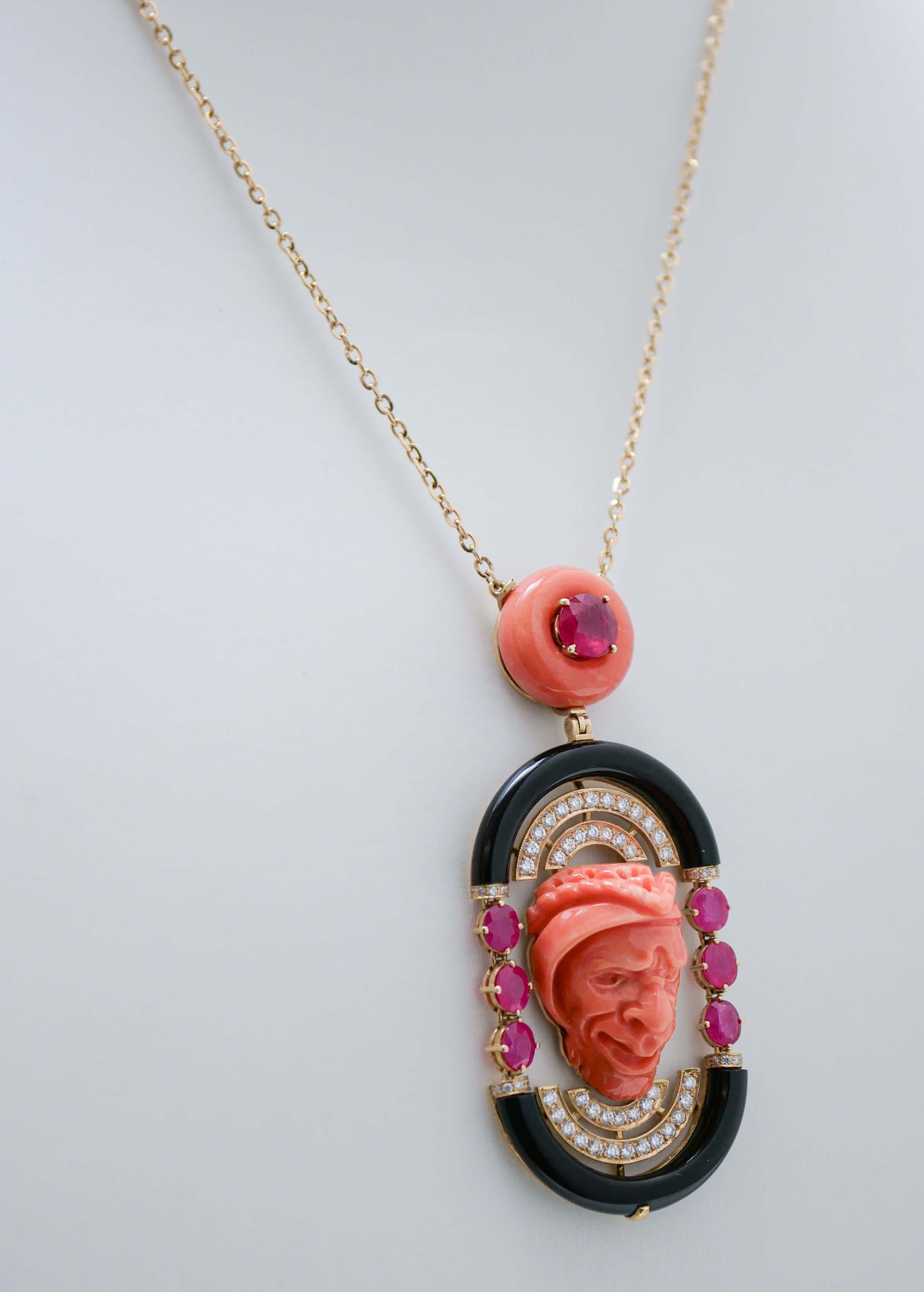 Mixed Cut Coral, Rubies, Onyx, Diamonds, 18 Karat Yellow Gold Pendant Necklace. For Sale