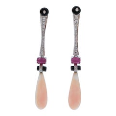 Coral, Rubies, Onyx, Diamonds, Platinum Earrings.