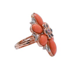 Coral, Rubies, Sapphires , Diamonds, Rose Gold and Silver Ring.