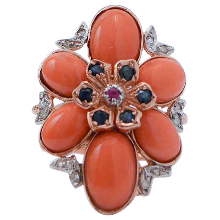 Coral, Rubies, Sapphires , Diamonds, Rose Gold and Silver Ring. For Sale