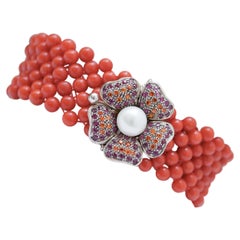Coral, Rubies, Stones, Pearl, Rose Gold and Silver Bracelet.